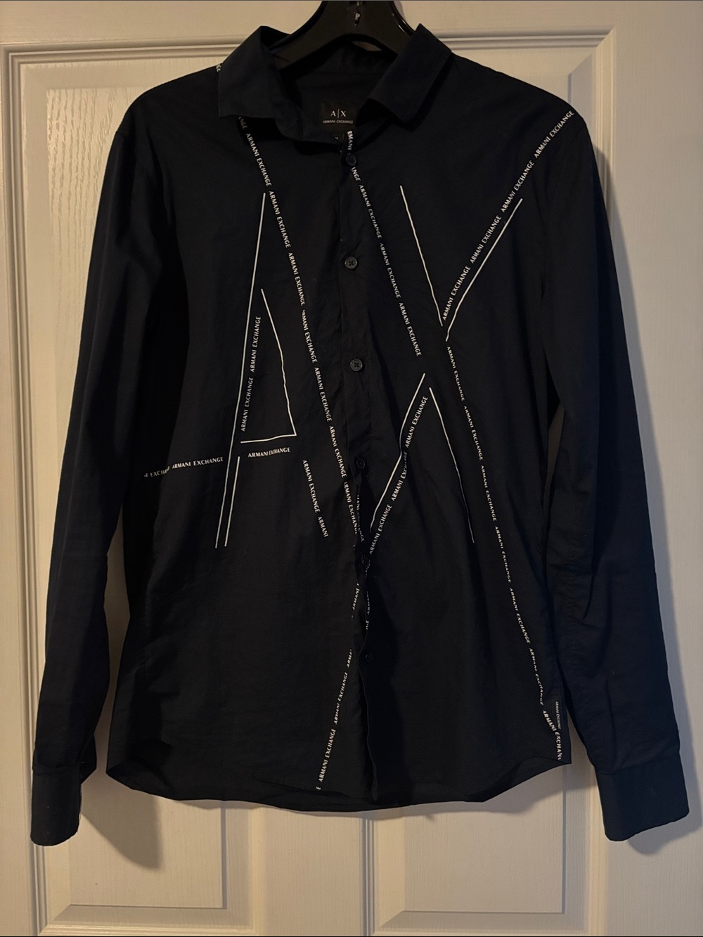 Armani Exchange Black Long-Sleeve Logo-Striped Button down Slim Fit Shirt Sz M